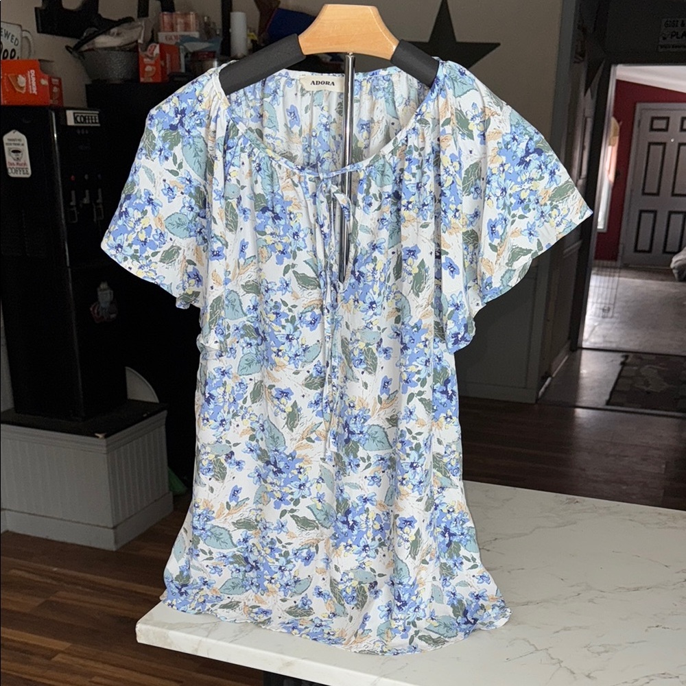 ADORA Blue and White Tie Front Blouse